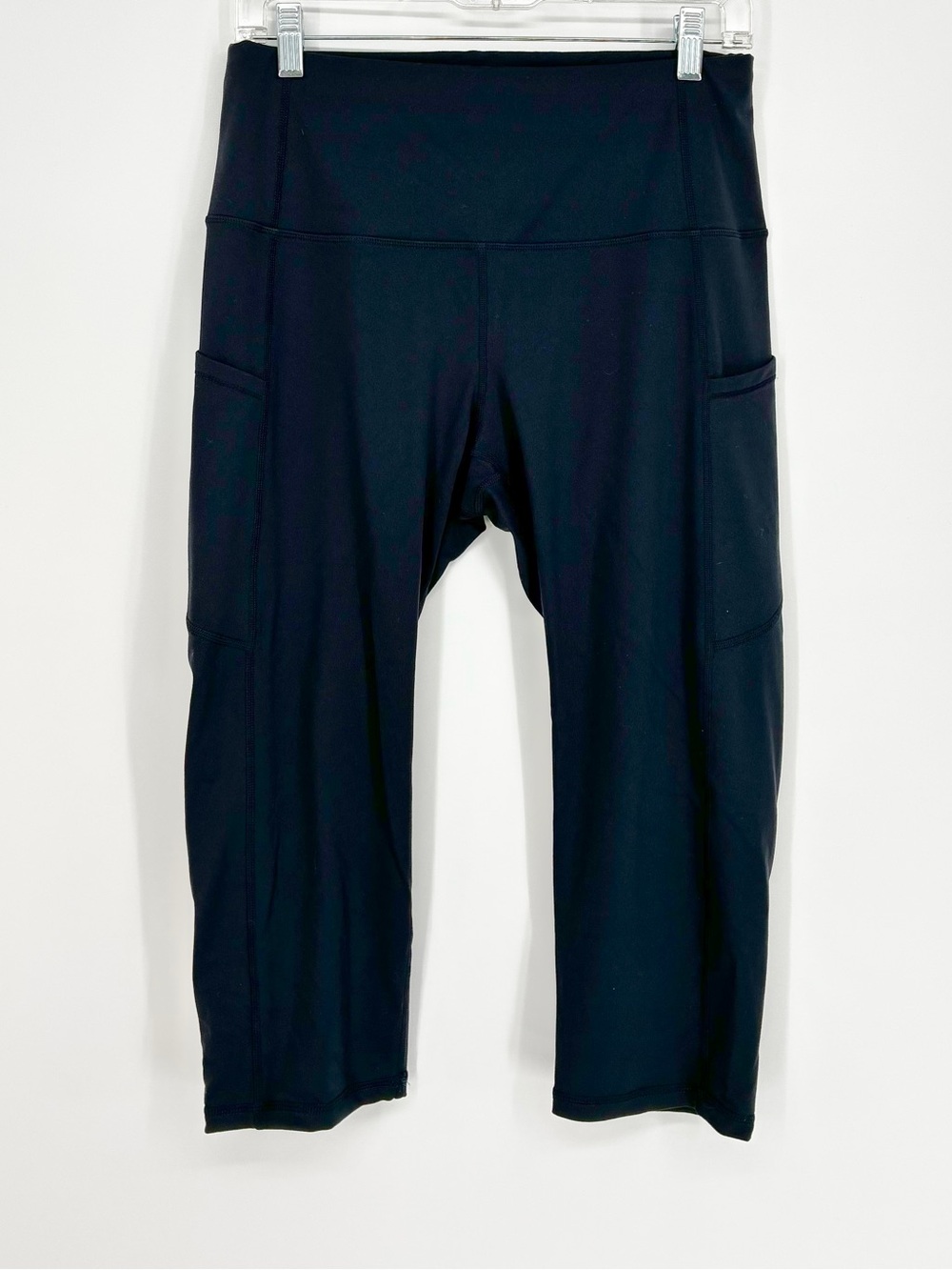 High Waisted Yoga Capris Cropped Leggings with Pockets Navy Blue Size L